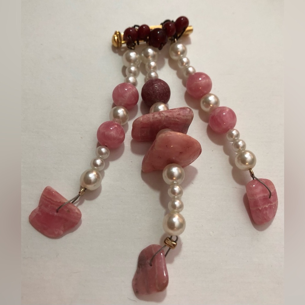 Rhodochrosite, Pearls & Glass Beaded Brooch w/ Gold &  Antique Copper Color Tone